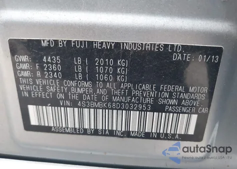 2013 Subaru Legacy 2.5I Limited from USA, damaged, VIN 4S3BMBK68D3032953